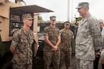 Busch visits Marines from 3rd Marine Regiment on Marine Corps Base Hawaii, March 21, 2016. They discussed the challenges of being forward deployed and how forward-deployed equipment from the DLA Distribution Depot in Hawaii contributes to readiness.