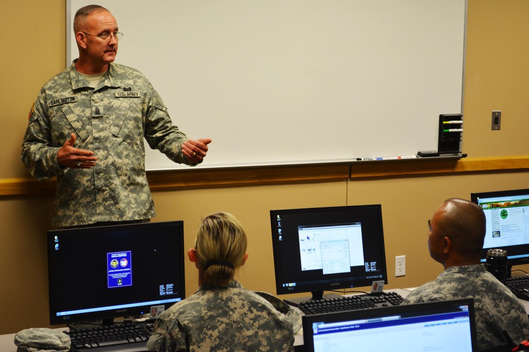 Command Sgt. Maj. Jeff Darlington, senior noncommissioned officer 80th Training Command, addresses students attending the inaugural class of the command’s Staff and Faculty Development Academy at Grand Prairie, Texas, March 7, 2016. The academy’s first class was the Foundation Instructor Facilitator Course which is designed to have instructors modify their traditional lecture styled teaching method to a more facilitative approach. The FIFC, which will eventually replace the Army Basic Instructor course, implements principles of adult learning and is meant for established Soldiers looking to learn an additional Military Occupational Specialty. “You’re gonna be training the future of the Army,” Darlington told the students. “Drill Sergeants turn civilians into Soldiers and we turn Soldiers into War fighters.” Other classes taught at the academy will include a Small Group Instruction course and eventually The Army School System Leader course, taught quarterly.