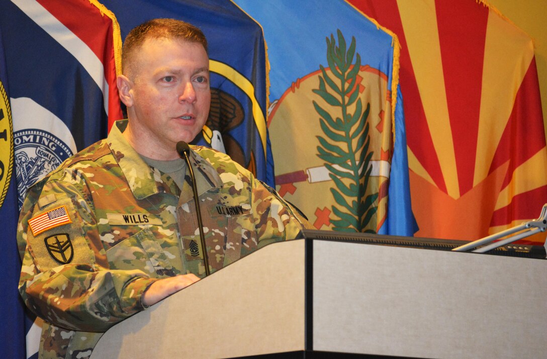 Command Sgt. Maj. James Wills, the former 80th Training Command senior noncommissioned officer, who’s now the interim Army Reserve senior NCO, addresses leaders of the 94th Training Division at Fort Lee, Va., March 18, 2016. Wills told the audience that staff and faculty development was one of the most critical aspects of the division’s mission.  “If you don’t teach in a professional manner in a professional forum, your credibility goes out the door,” he said. “So understand the importance and embrace it, because it’s not going away.” Wills conceptualized the 80th TC’s first ever Staff and Faculty devilment Academy with the intent of consolidating the command’s Staff and Faculty Development mission. Before the school’s inception, subordinate units taught their own Army Basic Instructor Courses and lacked a set standard for staff and faculty development.