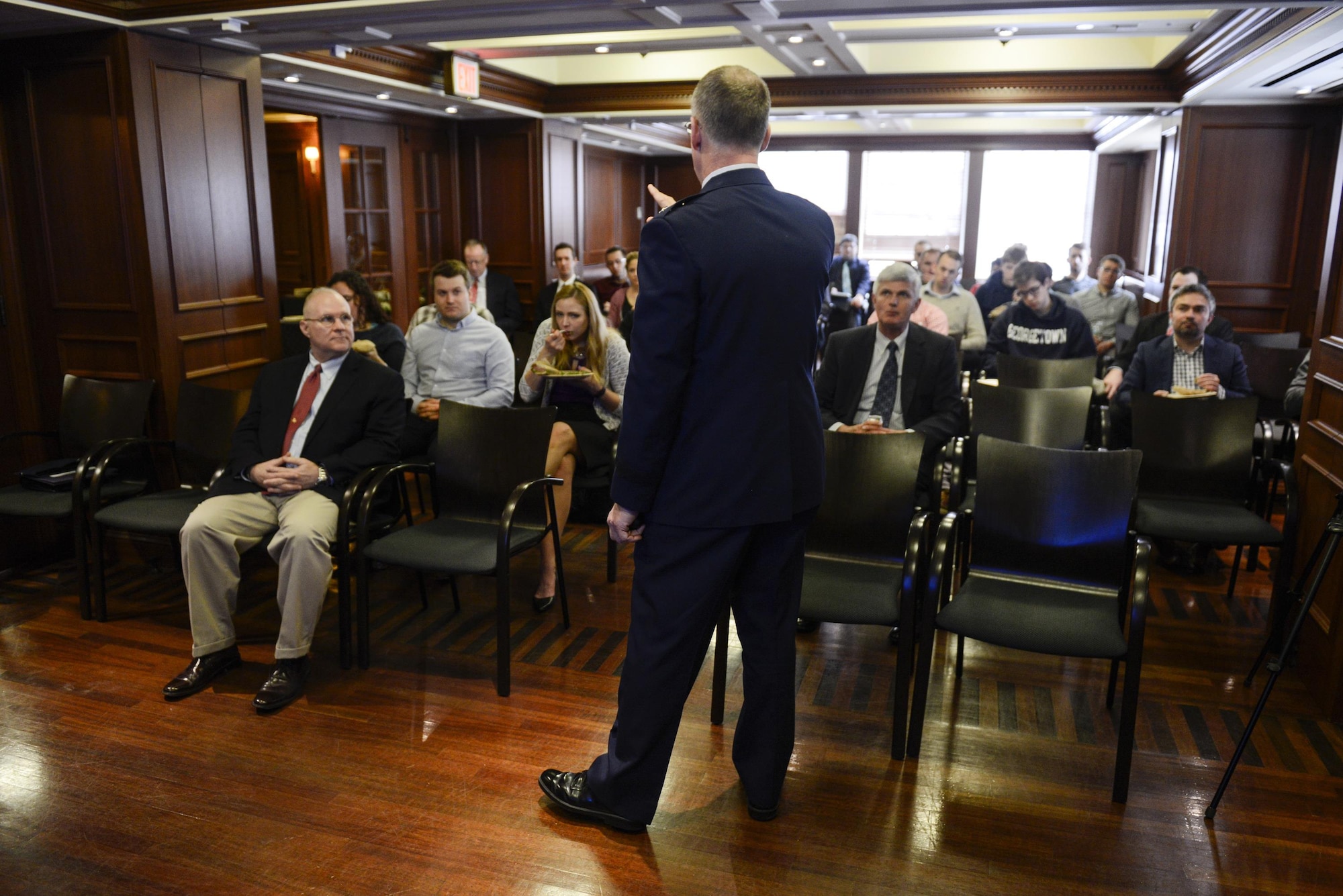 Maj. Gen. Lawrence M. Martin Jr., the assistant deputy undersecretary of the Air Force for international affairs, engages with students from the Georgetown University Institute of the Study of Diplomacy and the Security Studies department to talk about global security cooperation March 22, 2016, in Washington, D.C. (U.S. Air Force photo/Tech. Sgt. Joshua L. DeMotts)
