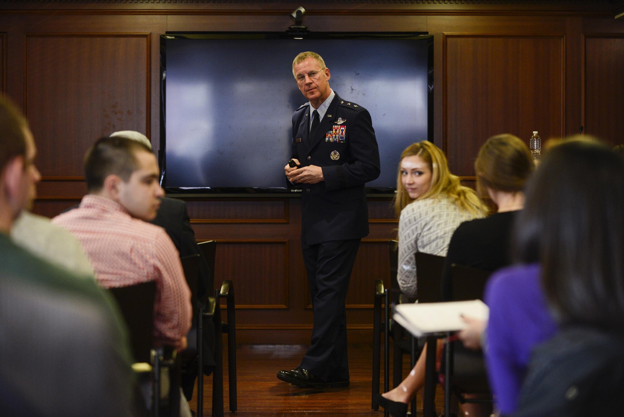 Maj. Gen. Lawrence M. Martin Jr., the assistant deputy undersecretary of the Air Force for international affairs, engages with students from the Georgetown University Institute of the Study of Diplomacy and the Security Studies department to talk about global security cooperation March 22, 2016, in Washington, D.C. (U.S. Air Force photo/Tech. Sgt. Joshua L. DeMotts)