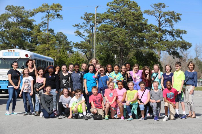 Students from Broadcreek and Southwest middle schools conclude their trip with the Student 2 Student program to Marine Corps Air Station New River, March 10. The S2S program’s goal is to continue to build connections between students, both from military families and non-military families, through encouraging teamwork to help build relationships.