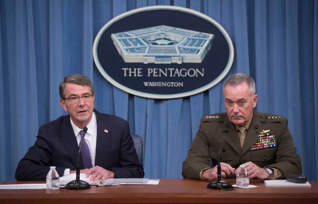 Defense Secretary Ash Carter and Marine Corps Gen. Joe Dunford, chairman of the Joint Chiefs of Staff, speak to reporters about efforts against the Islamic State of Iraq and the Levant during a press conference at the Pentagon, March 25, 2016. DoD photo by Navy Petty Officer 1st Class Tim D. Godbee