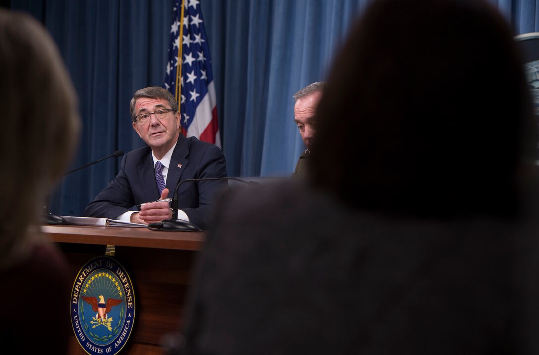 Defense Secretary Ash Carter and Marine Corps Gen. Joe Dunford, chairman of the Joint Chiefs of Staff, discuss efforts against the Islamic State of Iraq and the Levant with reporters during a news conference at the Pentagon, March 25, 2016. DoD photo by Navy Petty Officer 1st Class Tim D. Godbee