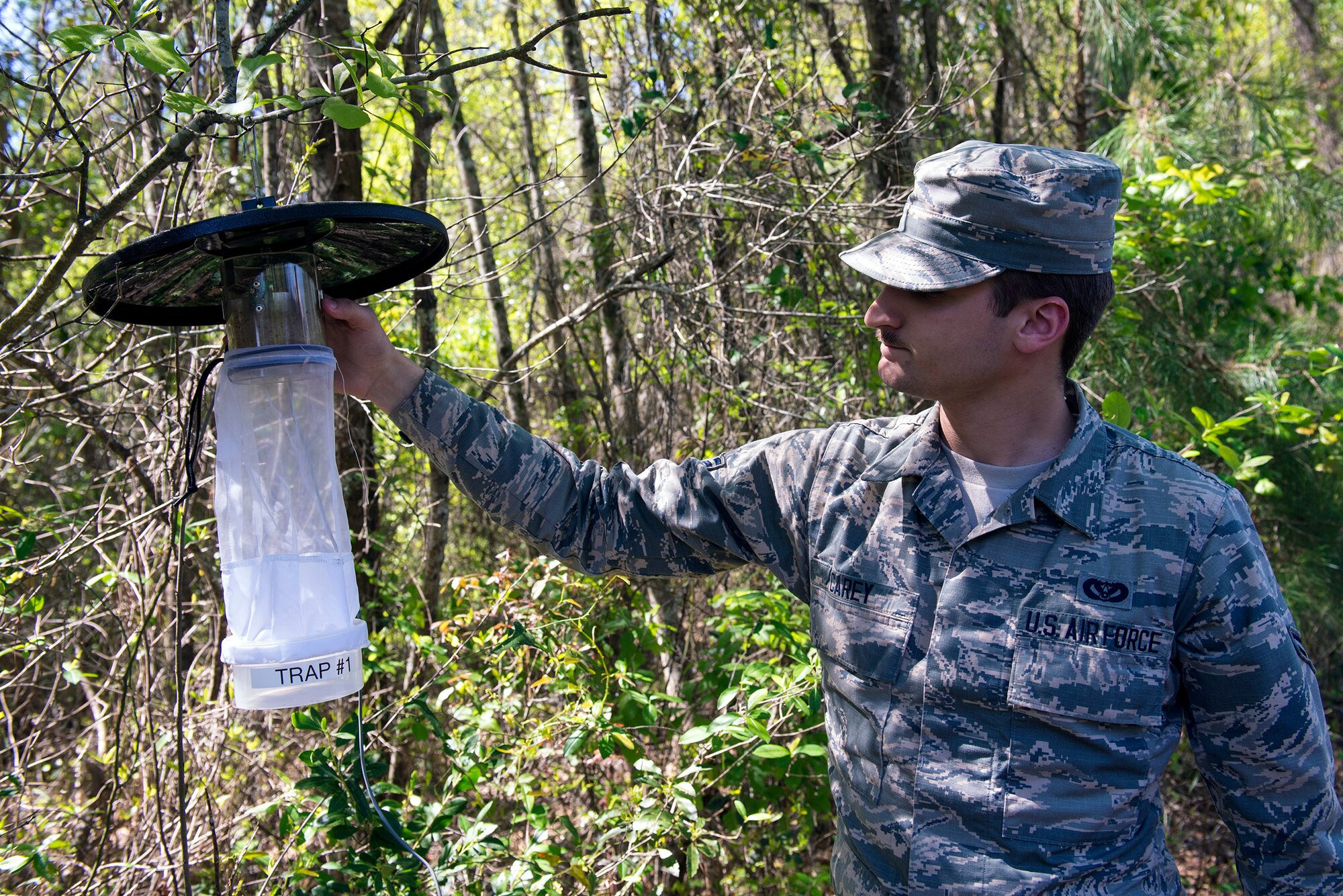 U.S. Air Force Airman 1st Class Deven Carey, 23d Civil Engineer Squadron pest management apprentice, sets a light trap to collect insects, March 23, 2016, at Moody Air Force Base, Ga. The 23d CES entomologists collect specimen to identify pests before developing a control plan for proper extermination purposes. (U.S. Air Force photo by Airman 1st Class Greg Nash/Released) 