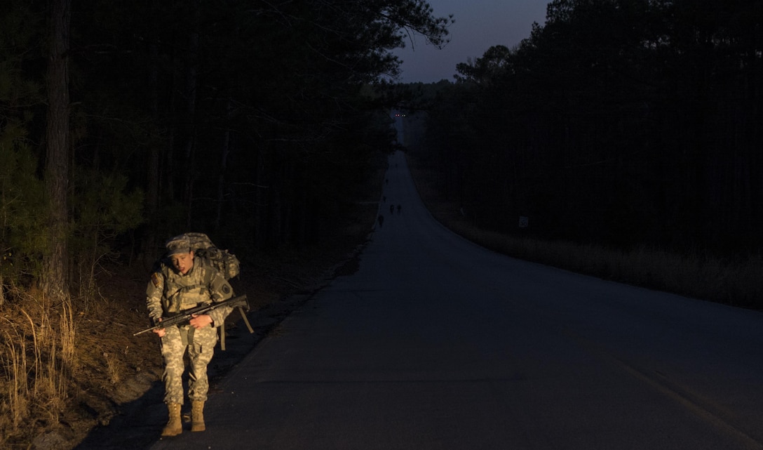 Soldiers competing in the 108th Training Command's 2016 combined Best Warrior and Drill Sergeant of the Year competition started off the second day of competition with a 12-mile ruck march at Fort Jackson, S.C.,  March 22. (U.S. Army photo by Sgt. 1st Class Brian Hamilton/released)