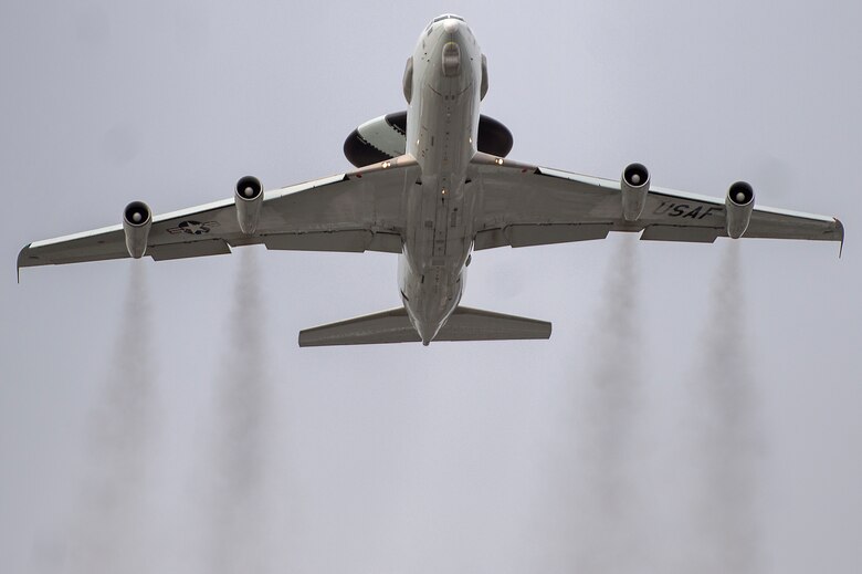 A U.S. Air Force E-3 Sentry takes off from Joint Base Elmendorf Richardson to conduct a training sortie, March 24, 2016.  Training sorties are imperative to pilot development and overall mission effectiveness. (U.S. Air Force photo by Senior Airman James Richardson/Released)