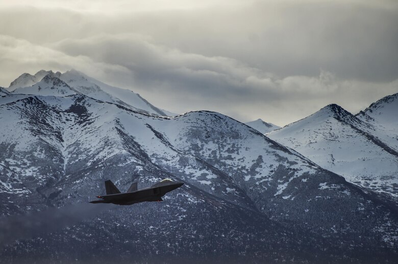 A U.S. Air Force F-22 Raptor takes off from Joint Base Elmendorf-Richardson for a training sortie, March 24, 2016. Training sorties are imperative to pilot development and overall mission effectiveness. (U.S. Air Force photo by Senior Airman James Richardson/Released)