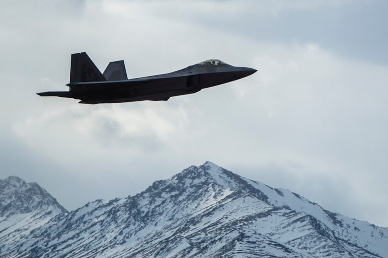 A U.S. Air Force F-22 Raptor takes off from Joint Base Elmendorf-Richardson for a training sortie, March 24, 2016. Training sorties are imperative to pilot development and overall mission effectiveness. (U.S. Air Force photo by Senior Airman James Richardson/Released)