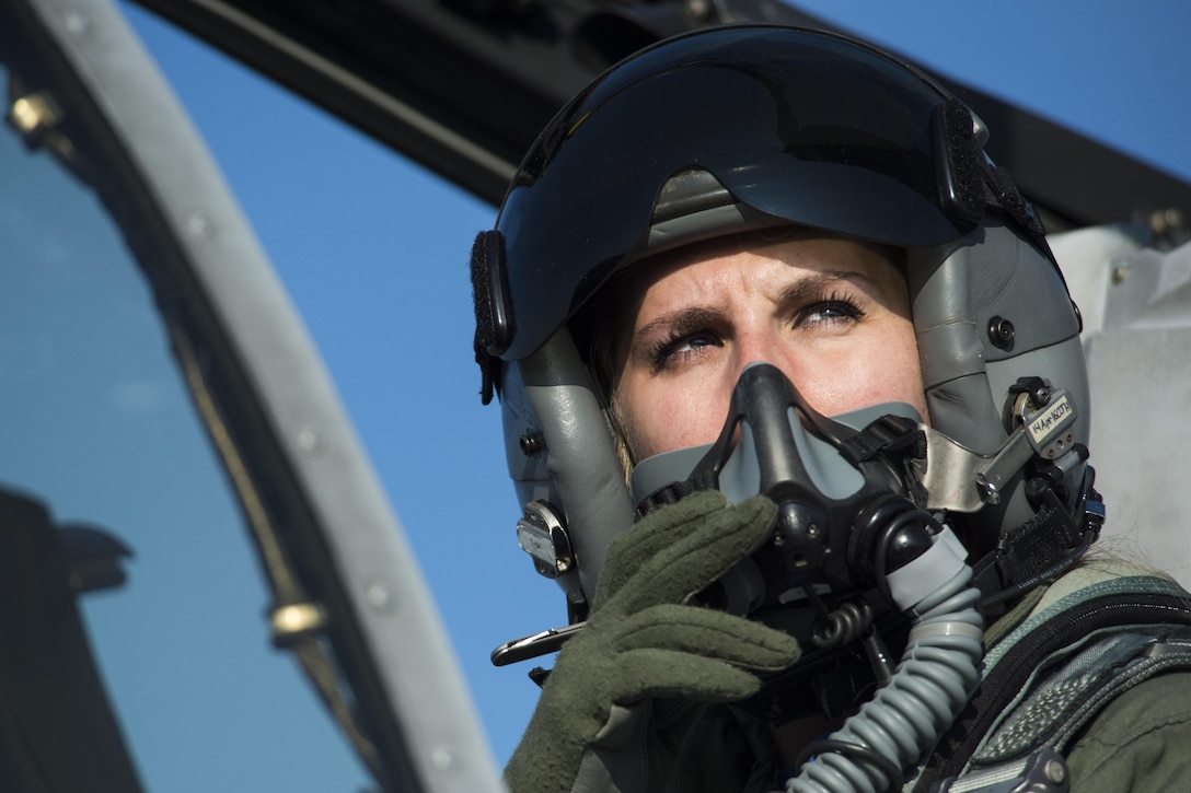 Air Force 1st Lt. Kayla Bowers, an A-10 Thunderbolt II pilot, looks out of the cockpit