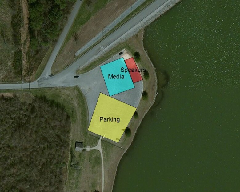 This diagram shows the parking plan and area where a media availability will be held near Old Hickory Dam 9 a.m. March 29, 2016 at the parking lot near Old Hickory Dam and beach.  The media availability is regarding Old Hickory Dam, recreation area and the proposed rock quarry.