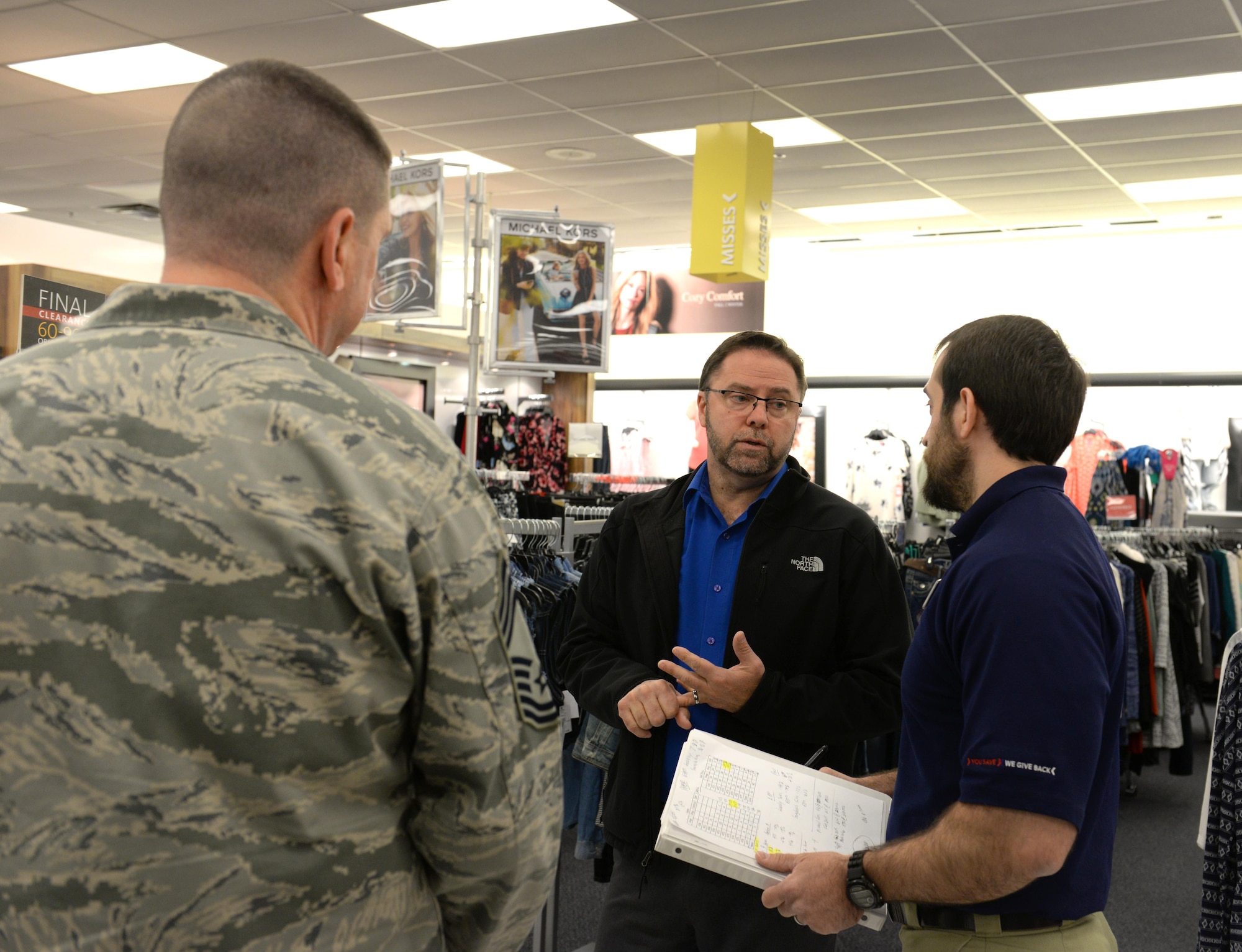 Chief Master Sgt. Sean E. Applegate, Army and Air Force Exchange Service senior enlisted advisor, and Ken Brewington, AAFES senior vice president for the U.S. central region, visit the exchange services provided at Sheppard Air Force Base, Texas, March 24-25, 2016. Applegate and Brewington visit as part of an inspection to ensure AAFES standards are being met in order to support service members, their families, and the military community as a whole. (U.S. Air Force photo/2nd Lt. Brittany Curry)