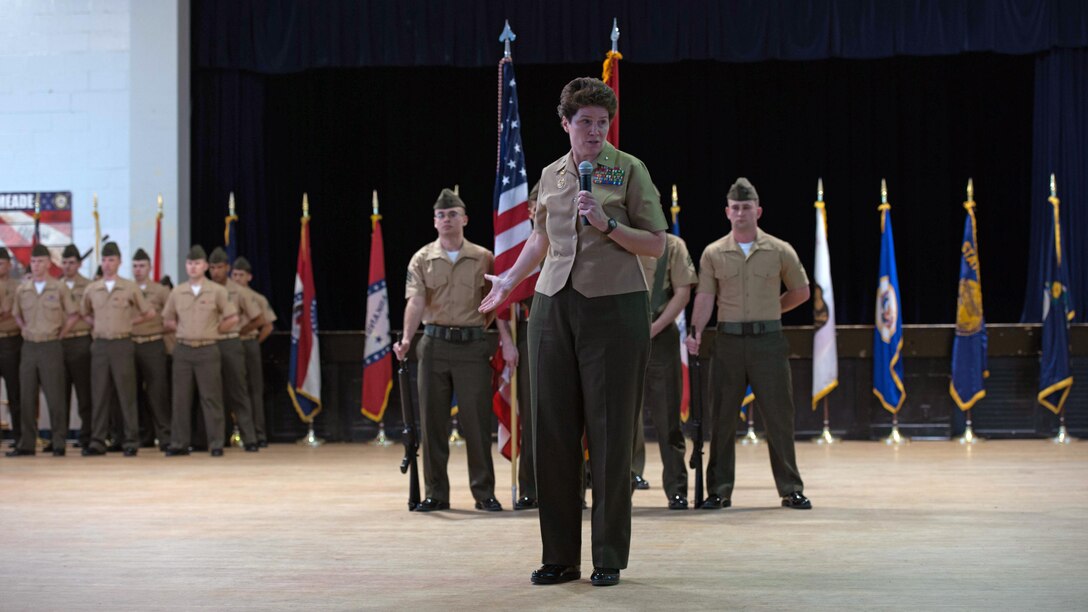 Brig. Gen. Lori E. Reynolds, the commanding general of Marine Forces cyberspace Command, speaks to the audience during the activation of command ceremony of Marine Corps Cyberspace Warfare Group at Fort George G. Meade, Maryland, March 25, 2016. The mission of MCCYWG is to man, train and equip Marine Cyberspace mission teams to perform both defensive and offensive cyber operations in support of United States Cyber Command and Marine Forces Cyberspace Command.