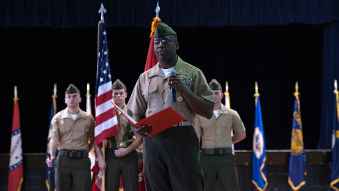 Col. Ossen J. D’Haiti, the commanding officer of MCCYWG, speaks to the audience during the activation of command ceremony of Marine Corps Cyberspace Warfare Group at Fort George G. Meade, Maryland, March 25, 2016. The mission of MCCYWG is to man, train and equip Marine cyberspace mission teams to perform both defensive and offensive cyber operations in support of United States Cyber Command and Marine Forces Cyberspace Command.