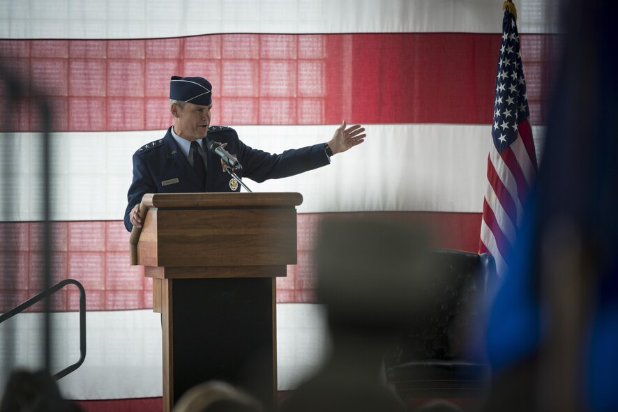 Lt. Gen. Chris Nowland, 12 Air Force (Air Force Southern) commander, speaks to the 366th Fighter Wing during a change of command ceremony, March 24, 2016, at Mountain Home Air Force Base, Idaho. Nowland presided over the 366th FW change of command. (U.S. Air Force photo by Tech. Sgt. Samuel Morse/RELEASED)