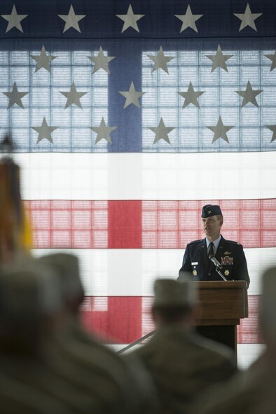 Col. Jefferson O'Donnell, 366th Fighter Wing commander, addresses the Wing for the first time as the commander, March 24, 2016, at Mountain Home Air Force Base, Idaho. O'Donnell will be responsible for a wing comprised of 4,200 military and civilian personnell. (U.S. Air Force photo by Tech. Sgt. Samuel Morse/RELEASED)