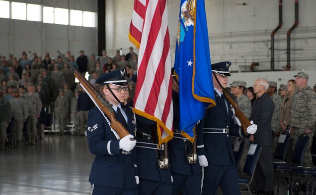 The base honor guard departs during the 366th Fighter Wing change of command ceremony at Mountain Home Air Force Base, Idaho, March 24, 2016. Col. Jefferson O'Donnell took command of the 366th FW from Col. David Iverson. after serving as Iverson's vice commander for the previous nine months.  (U.S. Air Force photo by Airman 1st Class Chester Mientkiewicz/Released)