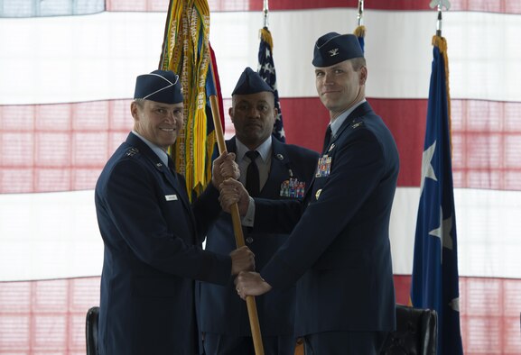 Col. Jefferson O'Donnell takes command of the 366th Fighter Wing, March 24, 2016, at Mountain Home Air Force Base, Idaho. O'Donnell acted as the vice wing commander for the past nine months. (U.S. Air Force photo by Senior Airman Malissa Lott/Released)