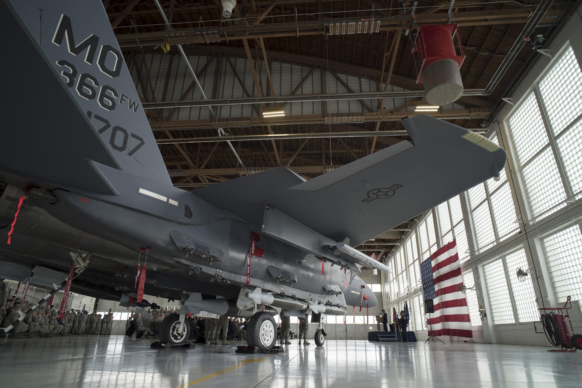 Col. David Iverson, 366th Fighter Wing commander, addresses the wing for the last time before relinquishing command, March 24, 2016, at Mountain Home Air Force Base, Idaho. Iverson was awarded the Legion of Merit for his excellence in leadership as wing commmander. (U.S. Air Force photo by Tech. Sgt. Samuel Morse/RELEASED)