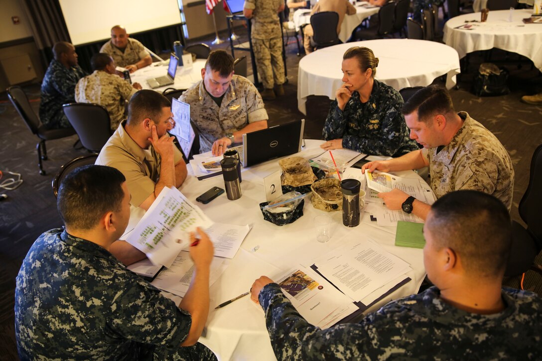 Navy medical personnel begin the practical application portion of a SoCal Medical Planning Symposium aboard Marine Corps Air Station Miramar, Calif., March 25. This was the third time the I Marine Expeditionary Force Surgeon’s Office has hosted this event with the intent to broaden medical personnel’s basic knowledge of the medical planning process. (U.S. Marine Corps photo by Cpl. Alissa P. Schuning/Released)