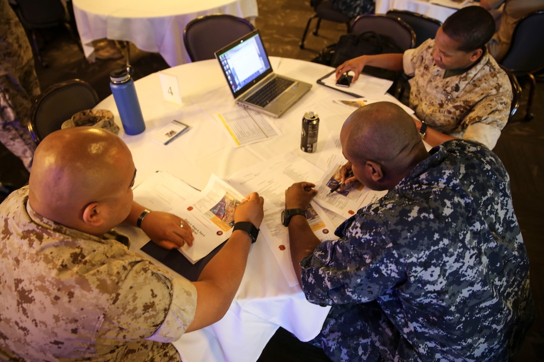 Navy medical personnel begin the practical application portion of a SoCal Medical Planning Symposium aboard Marine Corps Air Station Miramar, Calif., March 25. This was the third time the I Marine Expeditionary Force Surgeon’s Office has hosted this event with the intent to broaden medical personnel’s basic knowledge of the medical planning process. (U.S. Marine Corps photo by Cpl. Alissa P. Schuning/Released)