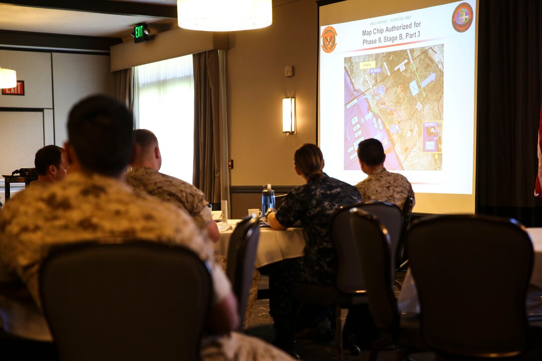 Navy medical personnel receive instruction before beginning the practical application portion of a SoCal Medical Planning Symposium aboard Marine Corps Air Station Miramar, Calif., March 25. This was the third time the I Marine Expeditionary Force Surgeon’s Office has hosted this event with the intent to broaden medical personnel’s basic knowledge of the medical planning process. (U.S. Marine Corps photo by Cpl. Alissa P. Schuning/Released)