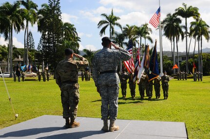 U.S. Army Pacific Deputy Commanding General - National Guard, Maj. Gen. Gary Hara (left), and USARPAC Commanding General, Gen. Vincent Brooks, salute the American Flag during a retirement ceremony held at historic Palm Circle, Fort Shafter, Hawaii, March 23, 2016. The ceremony honored Hara's retirement after 47 years of service. He had been with USARPAC since 2013, during which time he operated as the Deputy Commanding General of the ARNG after USARPAC was elevated from a 3-star command to a 4-star command as part of the Asia-Pacific strategic rebalance. (U.S. Army photo by Staff Sgt. Chris McCullough, USARPAC Public Affairs)