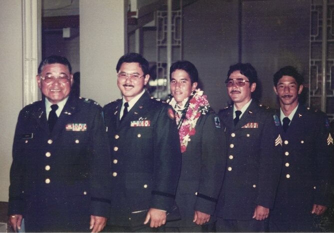 Maj. Gen. Gary Hara's immediate family has collectively served in the Hawaii Army National Guard 180 years and counting, though the extended Hara family is much larger and includes an uncle, cousins, and nephews who have served or are still serving as well. Pictured in this family photo, left to right, are his father, the late Lt. Col.  Henry Hara, who was an iconic figure in the Hawaii Army National Guard during his time; Hara, himself, who would follow in his father’s boot prints, joining the HIARNG in 1970 while still in high school; Kenneth, the fourth and the youngest of the brothers, who enlisted in the HIARNG in 1984, and is a brigadier general still serving as the deputy adjutant general for the HIARNG; Hara's younger brother, Dennis, who enlisted in the HIARNG in 1972 and retired a sergeant major in 2014 with 37 years of service; and Larry, the third of four sons, who is currently a master sergeant with 28 years in the HIARNG. (Photo Courtesy of the Hara Family)