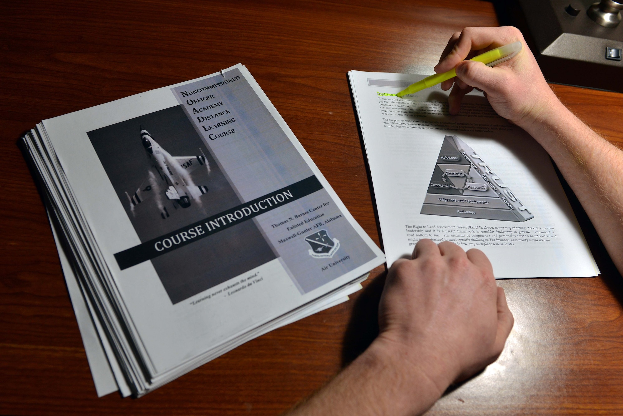 A U.S. Air Force Airman reviews Course 15 material, March 16, 2016, at Incirlik Air Base, Turkey. Course 15 is a distance-learning format for enlisted Airmen that is a portion of the NCO Academy experience. Regardless of rank, when enlisted Airmen reach their seven year time-in-service date, they will receive a notification from the Air Force Personnel Center and are required to enroll and complete Course 15 within a 12-month timeframe. (U.S. Air Force photo by Senior Airman John Nieves Camacho/Released)