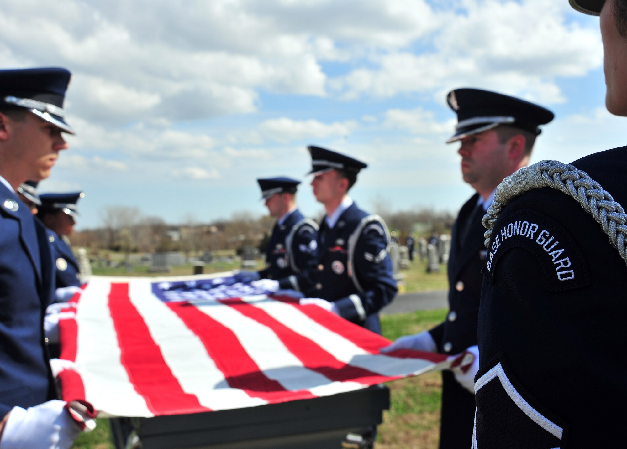 Members of Whiteman Honor Guard practice the procedures of a military funeral at Knob Noster cemetery in Knob Noster, Mo., March 15, 2016. Whiteman Honor Guard serves more than 100 counties spanning Missouri to Kansas covering more than 70,000 square miles across both states. Whiteman Honor Guard represents the respect each fallen service member deserves, and upholds traditions held dear to the armed forces. (U.S. Air Force photo by Airman 1st Class Jovan Banks)