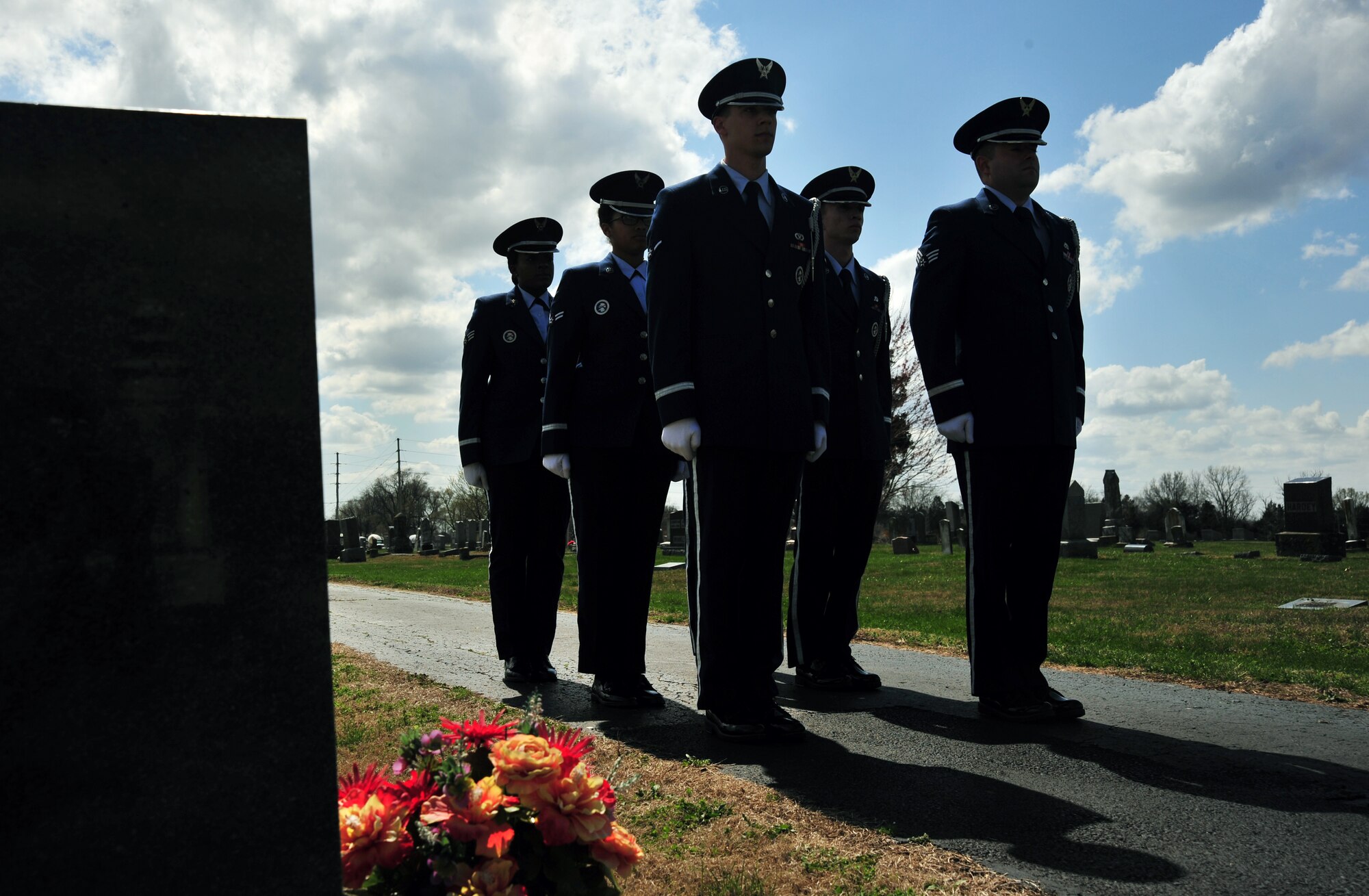 Members of Whiteman Honor Guard practice the procedures of a military funeral at Knob Noster cemetery in Knob Noster, Mo., March 15, 2016. Whiteman Honor Guard serves more than 100 counties spanning Missouri to Kansas covering more than 70,000 square miles across both states. Whiteman Honor Guard represents the respect each fallen service member deserves, and upholds traditions held dear to the armed forces. (U.S. Air Force photos by Airman 1st Class Jovan Banks)