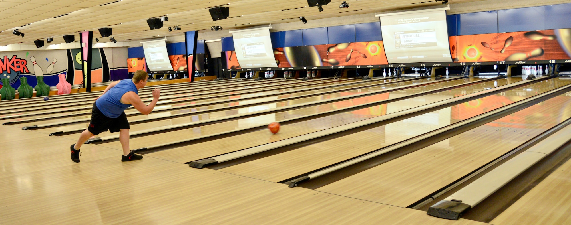 Adam Hawkins tries for a strike during the bowling league championship games on March 14. (Air Force photo by Kelly White/Released)