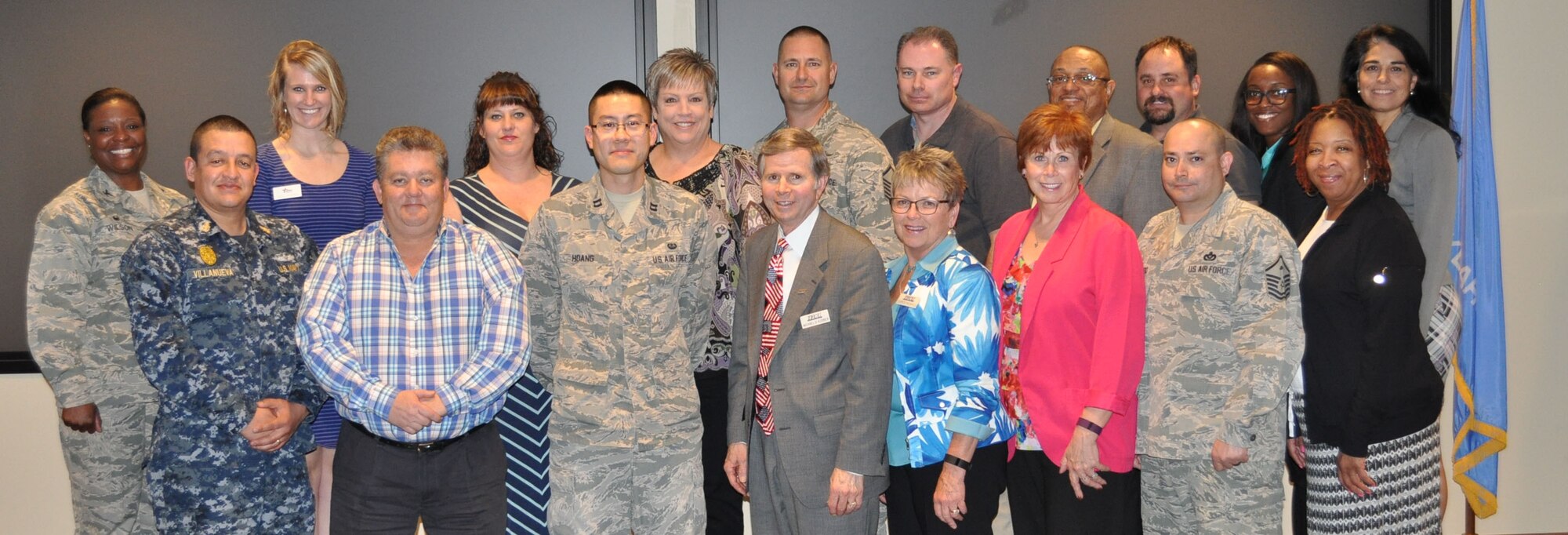 Volunteers and key leaders from the Combined Federal Campaign were honored at the Hill Conference Center March 22 for helping Tinker Air Force Base raise over $1 million in the 2015 campaign. Attending the ceremony, back row from left, were Col. Stephanie Wilson, 72nd Air Base Wing and Tinker installation commander; Carly Johnson, United Way of Central Oklahoma; Cheryl Spriggs, OC-ALC; LaRee Anderson, 430th Supply Chain Management Squadron; Master Sgt. Bobby Kazmir, 72nd Force Support Squadron; Joseph Keating, AFLCMC; Gregory Woodson, Missile Sustainment Group; Greg Hurley, 421st SCMS; Aisha Brown, 38th CEIG and Natalie Torres-Jenne, AFSC.  Front row, from left, are Master-at-Arms Senior Chief Ruben Villanueva; Chuck Hughes, Oklahoma City Air Logistics Complex; Capt. Joseph Hoang, the base’s campaign coordinator; Mike Kloiber, Tinker Federal Credit Union; Chris Henkel, TFCU; Carolyn Mills, AFSC Engineering Directorate; Master Sgt. Brian Partido, 72nd Medical Group and Cathey Thompson, 421st SCMS. (Air Force photo by John Parker/Released)