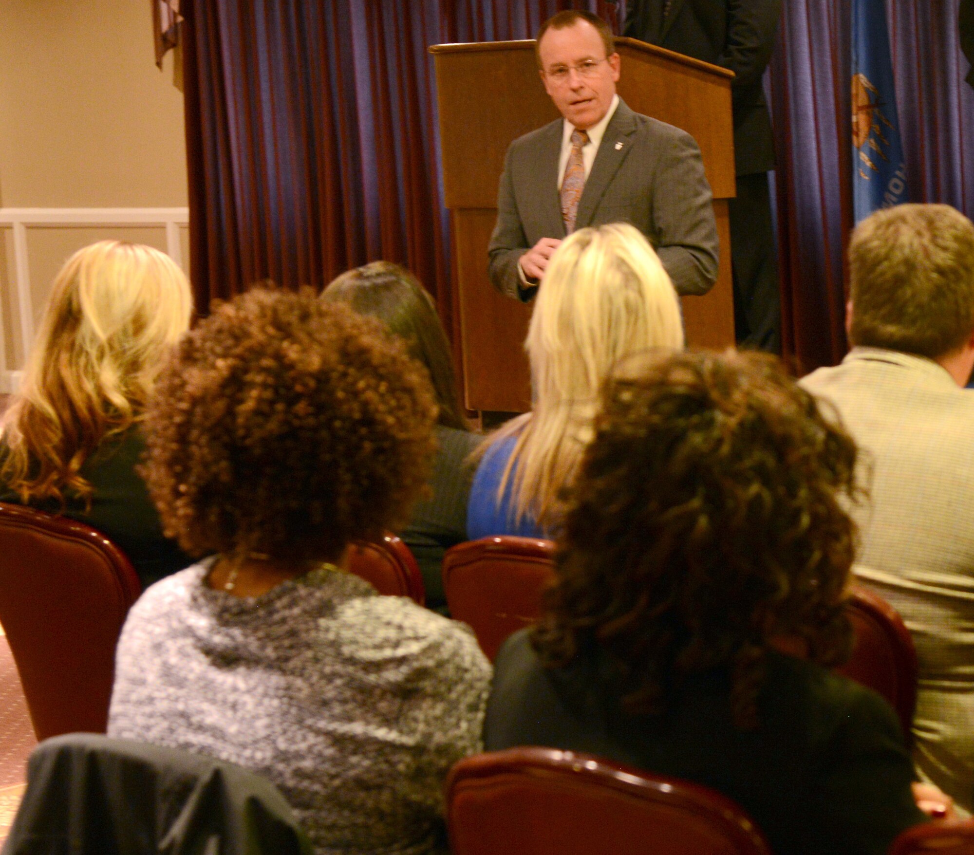 On March 17, 14 members of Team Tinker graduated from the Emerging Supervisor Development Program during a ceremony at the Tinker Club. Graduates were: Andre Garceau, AFSC/DP; Bradley Garcia, 545th PMXS; Cindy Hammack, AFSC/PZ; Ryan Jones, 556th SMXS; Andrew Lucas, AFSC/PZ; Joseph Mlekoday, AFLCMC; Gregory Moeller, OC-ALC; Felicia Montgomery, AFLCMC; Kristy Perry, 76th SMXG; Abbigail Pogorzelski, AFLCMC; Marti Ribeiro, AFSC/LG; Michael Smith,  552nd CMMXS; James Tesio, 421st SCMS; and Janet Whatley, AFSC/DP. Jeffrey Allen, executive director of the Air Force Sustainment Center, encouraged the graduates to spread the word and share the knowledge they’ve gained. Remarking on the networking experience gained through the class, Mr. Allen said, “Pick up the phone when the sky is falling because chances are they’ve gone through the same thing.” (Air Force photo by Kelly White/Released)