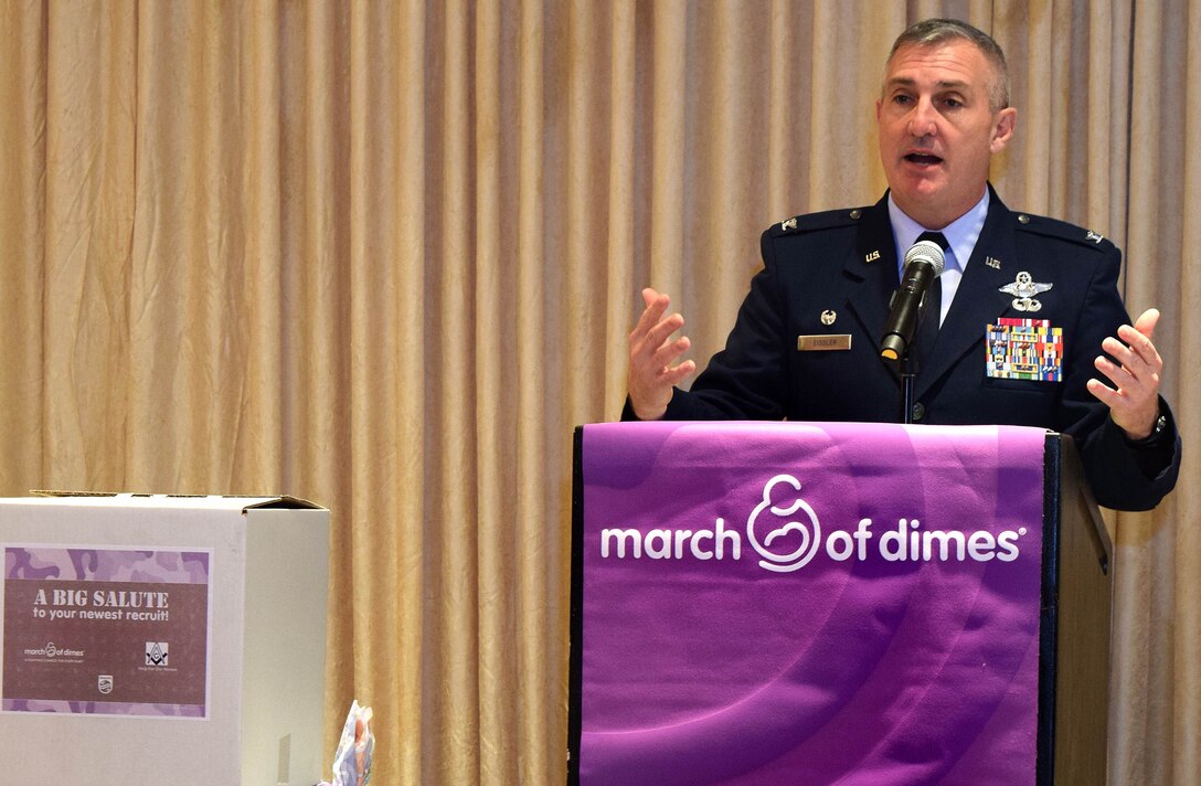 Col. Howard Eissler, commander of the Pennsylvania Air Nation Guard’s 111th Attack Wing at the Horsham Air Guard Station, Pa., addresses an assembly of expecting military women or military spouses during the Pennsylvania March of Dime’s Moms-To-Be Celebration on March 19, 2016 held at the Valley Forge Casino Resort in Valley Forge, Pa. Eissler highlighted the benefits available to military members and their spouses via the Wing’s Airman and Family Readiness organization. (U.S. Air National Guard photo by Master Sgt. Christopher Botzum) 