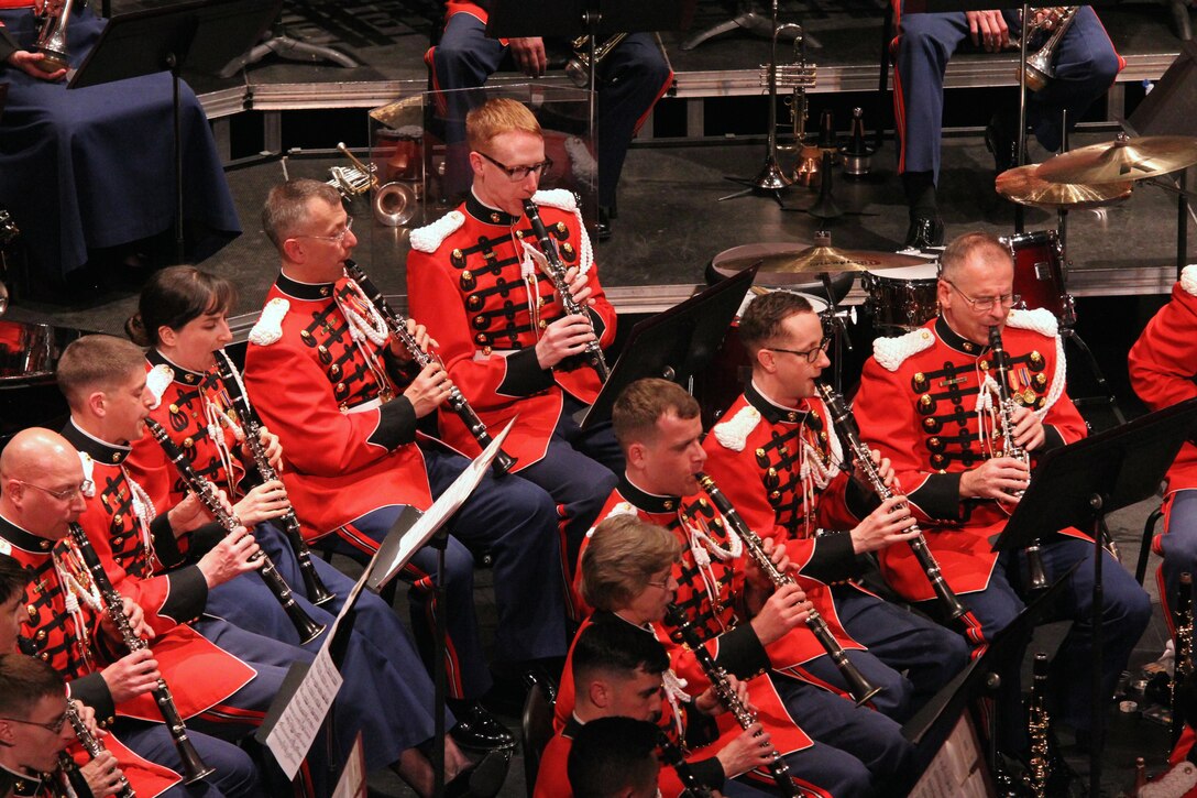 On March 25, 2016, the Marine Band performed a concert titled "Postcards" at the Bowie Center for the Performing Arts in Maryland. The program featured music from France, Italy, England, Scotland, and the United States. (U.S. Marine Corps photo by Master Sgt. Amanda Simmons/released.)