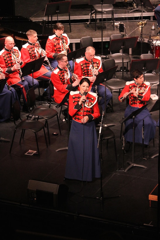 On March 25, 2016, the Marine Band performed a concert titled "Postcards" at the Bowie Center for the Performing Arts in Maryland. The program featured music from France, Italy, England, Scotland, and the United States. (U.S. Marine Corps photo by Master Sgt. Amanda Simmons/released.)