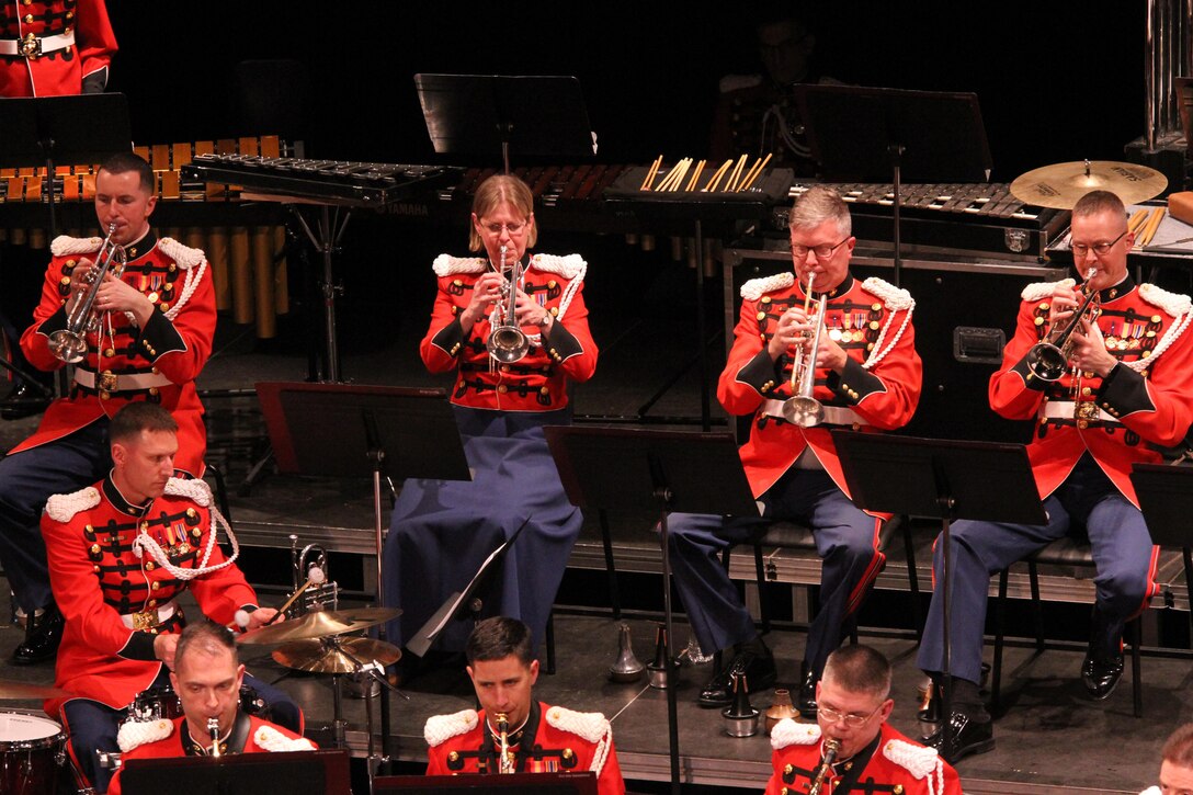 On March 25, 2016, the Marine Band performed a concert titled "Postcards" at the Bowie Center for the Performing Arts in Maryland. The program featured music from France, Italy, England, Scotland, and the United States. (U.S. Marine Corps photo by Master Sgt. Amanda Simmons/released.)