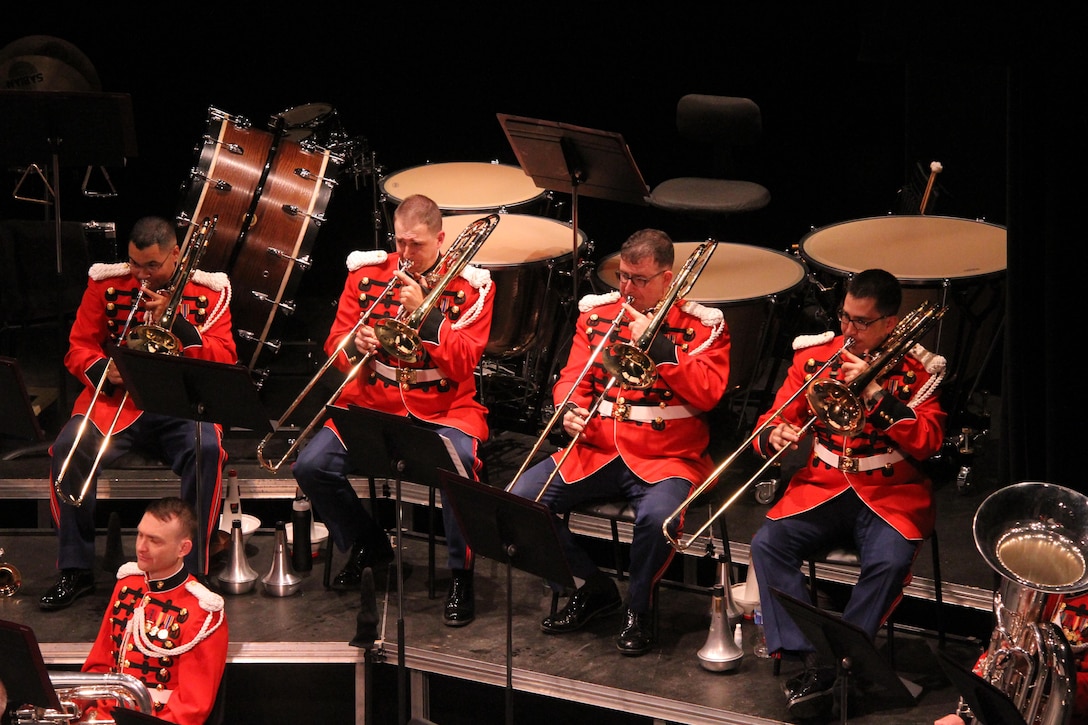 On March 25, 2016, the Marine Band performed a concert titled "Postcards" at the Bowie Center for the Performing Arts in Maryland. The program featured music from France, Italy, England, Scotland, and the United States. (U.S. Marine Corps photo by Master Sgt. Amanda Simmons/released.)