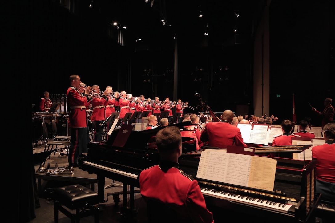 On March 25, 2016, the Marine Band performed a concert titled "Postcards" at the Bowie Center for the Performing Arts in Maryland. The program featured music from France, Italy, England, Scotland, and the United States. (U.S. Marine Corps photo by Master Sgt. Amanda Simmons/released.)