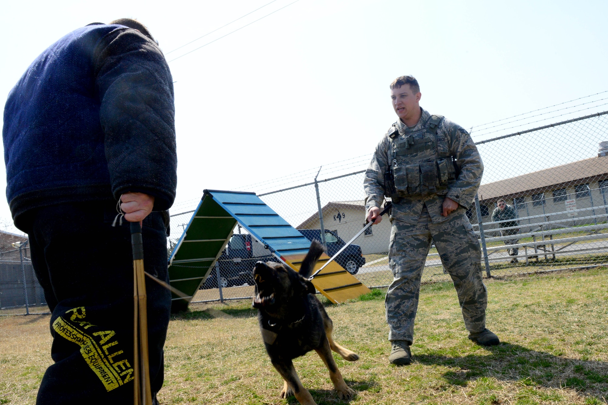 U.S. Air Force Senior Airman Eric Sweat and Staff Sgt. Aaron Reason, 8th Security Forces Squadron military working dog handlers, run through a training scenario with Nex, a military working dog, at Kunsan Air Base, Republic of Korea, Mar. 25, 2016. Kunsan has a variety of MWD that are trained to attack, find narcotics and find different types of explosives. (U.S. Air Force photo by Senior Airman Ashley L. Gardner/Released)