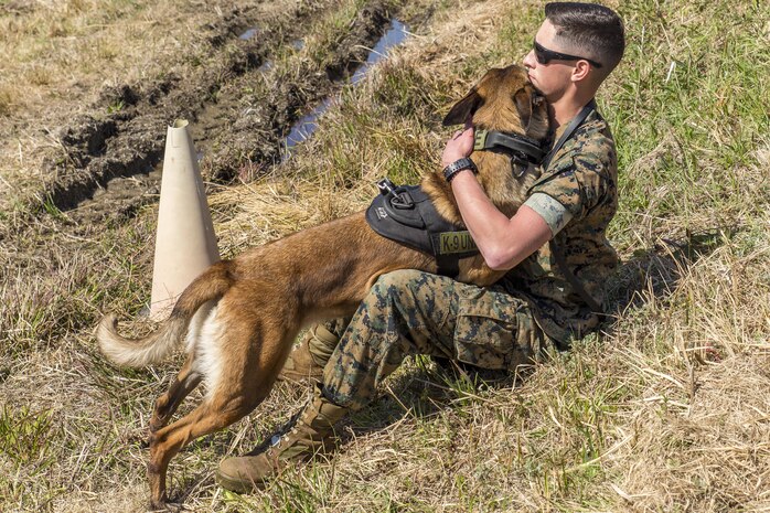 Lance Cpl. Landon Gilliam, Provost Marshal’s Office military working dog handler with Headquarters and Headquarters Squadron, embraces his K-9 during joint training held at Marine Corps Air Station Iwakuni, Japan, March 22, 2016. Trained in a variety of areas such as locating explosives and narcotics and conducting patrols, handlers and their military working dogs train regularly in order to maintain operational readiness, become a more effective team and ensure the safety of station residents. U.S. and Japanese handlers escorted their K-9’s to locate explosives hidden throughout the station’s landfill and harbor areas. (U.S. Marine Corps photo by Lance Cpl. Aaron Henson/Released)