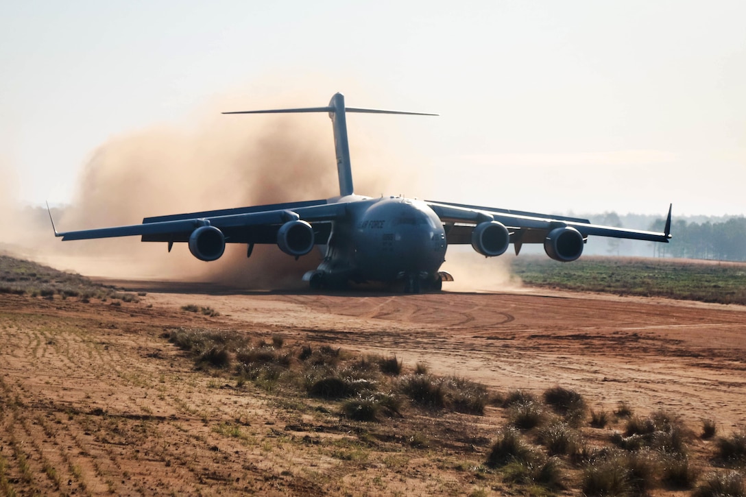 A Globemaster III aircraft lands at Camp Mackall, N.C., March 17. The aircraft crew is assigned to the 57th Weapons Squadron, Joint Base McGuire-Dix-Lakehurst. Army photo by Capt. Adan Cazarez