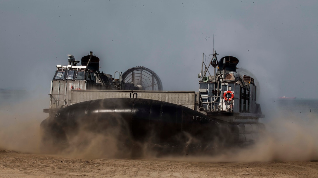 A Landing Craft Air Cushion assigned to Naval Beach Unit 7 arrives to pick up 31st Marine Expeditionary Unit personnel and equipment during Exercise Ssang Yong 16, Dogu Beach, Pohang, South Korea, March 17, 2016. Ssang Yong 16 is a biennial combined amphibious exercise conducted by U.S. forces with the Republic of Korea Navy and Marine Corps, Australian Army and Royal New Zealand Army forces in order to strengthen interoperability and working relationships across a wide range of military operations. The Marines and sailors of the 31st MEU are currently deployed aboard the Bonhomme Richard Amphibious Ready Group as part of their spring deployment of the Asia-Pacific region.