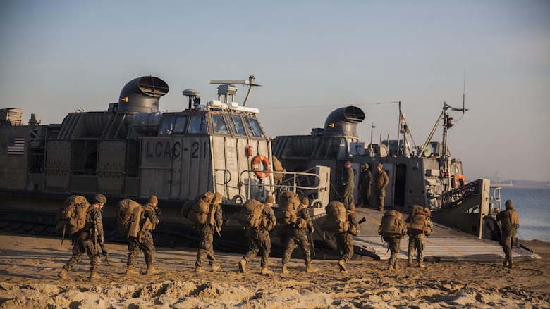 U.S. Marines with 31st Marine Expeditionary Unit embark onto a Landing Craft Air Cushion assigned to Naval Beach Unit 7 during Exercise Ssang Yong 16, Dogu Beach, Pohang, South Korea, March 17, 2016. Ssang Yong 16 is a biennial combined amphibious exercise conducted by U.S. forces with the Republic of Korea Navy and Marine Corps, Australian Army and Royal New Zealand Army forces in order to strengthen interoperability and working relationships across a wide range of military operations. The Marines and sailors of the 31st MEU are currently deployed aboard the Bonhomme Richard Amphibious Ready Group as part of their spring deployment of the Asia-Pacific region.