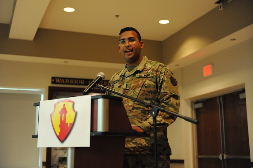 First Lt. Anthony Carrillo addresses his guests during his commissioning ceremony at Ramos Hall, Fort Buchanan on March 23. Carrillo direct commissioned into the JAG Corps.