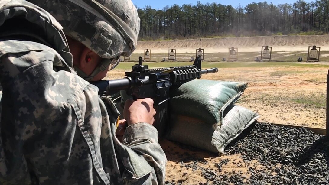 A brass shell casing ejects from his weapon as Sgt. 1st Class Blake Skola, 1st Bn., 354th Inf. Reg., 95th Training Div. (IET), fires rounds to adjust the zero of his weapon during the 108th Training Command's 2016 Drill Sgt. of the Year competition at Fort Jackson, S.C., March 23. Skola finished the overall contest as the 95th Training Div. (IET) winner.