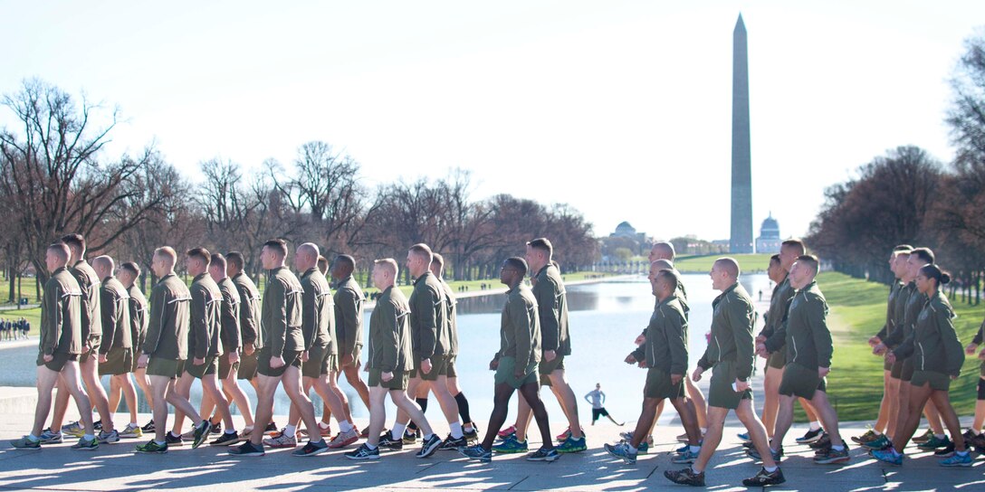 Students enrolled in the Staff Noncommissioned Officer Academy aboard Marine Corps Base Quantico visit the National Mall in Washington D.C., March 18. The run completed at the Marine Corps War Memorial in Arlington, Virginia. This customary run gives Marines an opportunity to connect with students and leaders at the Staff Noncommissioned Officers Academy aboard Marine Corps Base Quantico.