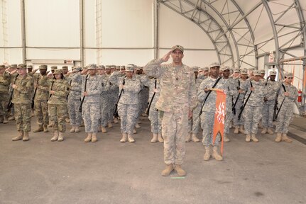 Soldiers from Charlie Company, 392nd ESB salute the American flag during the playing of the national anthem at a deployment ceremony on March 26, 2016 at Fort Meade, Md.