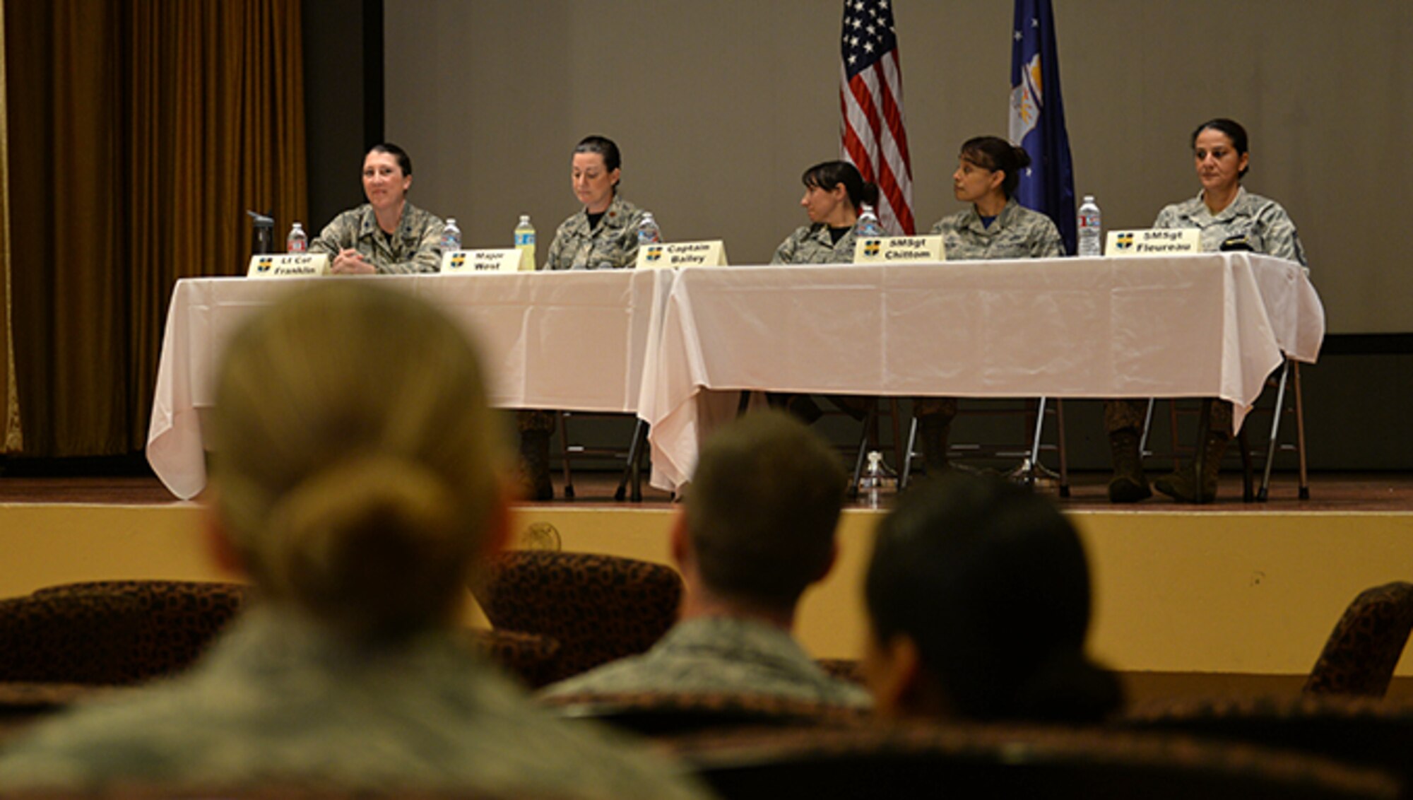 Members of Team Beale sit on a panel as mentors during Beale’s Women’s History Month Mentorship Panel March 25, 2016, at Beale Air Force Base, California. The event gave attendees the opportunity to ask questions about their diverse experiences, family balancing, mil-to-mil marriage, leadership, personal and professional development and deployments. (U.S. Air Force photo by Senior Airman Ramon A. Adelan)